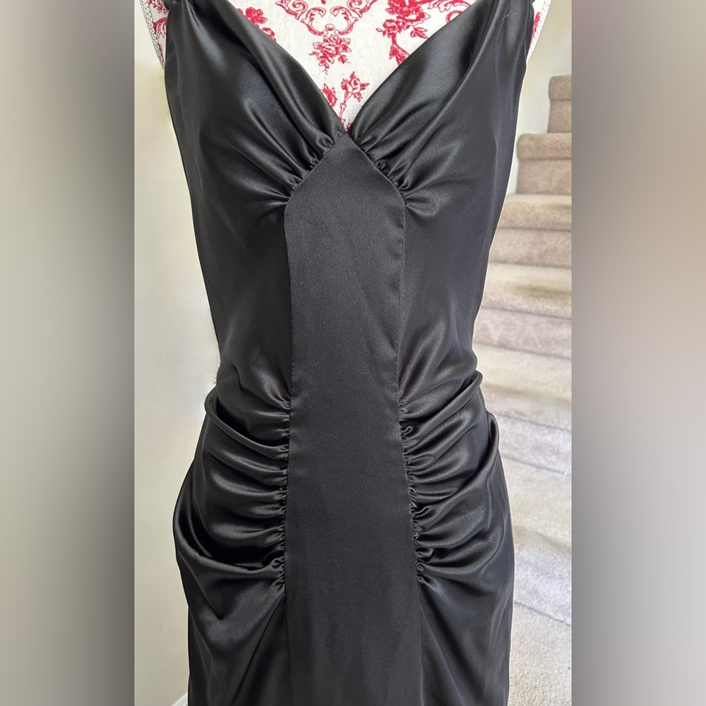 Vintage Jessica McClintock Ruched Black Satin Dress, ‘80s-90s
